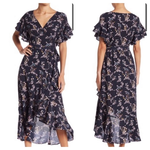 max studio ruffle wrap midi dress